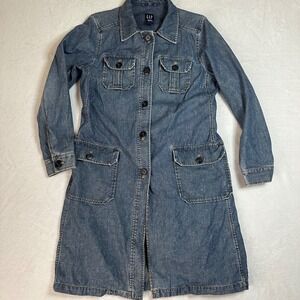 Vintage Gap Denim Trench Coat Large L Long Duster Jacket 100% Cotton 90s Blue